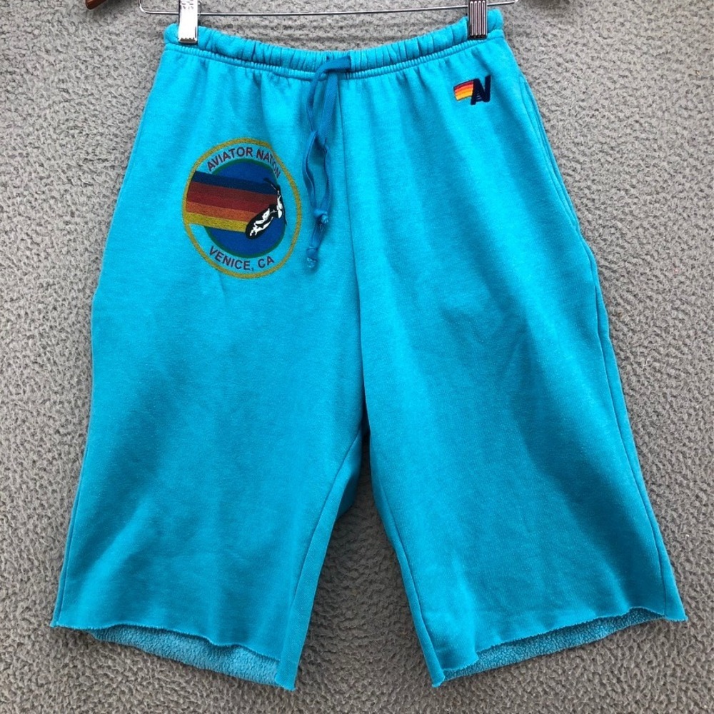 Aviator Nation Sweat Shorts Unisex Small Teal Blue Surfer Venice CA Graphic